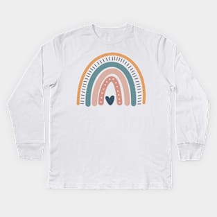 Boho rainbow with a unique design with a heart, dots and a neutral color pallet Kids Long Sleeve T-Shirt